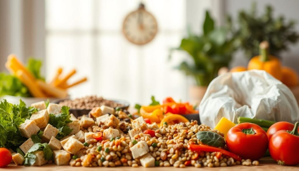A bountiful display of vibrant vegetarian foods against a bright, airy backdrop. In the foreground, an array of high-protein options like tofu, tempeh, and lentils, artfully arranged. The middle ground showcases a variety of colorful vegetables, from leafy greens to crunchy bell peppers. In the background, a subtle yet sophisticated setting, hinting at the nutritious and satisfying nature of this vegetarian feast. Warm, diffused lighting casts a soft, inviting glow, capturing the essence of a healthful, weight-loss-friendly meal. Crafted with care, this image embodies the principles of the "howdoloseweightfast.com" approach to effective, plant-based weight management.