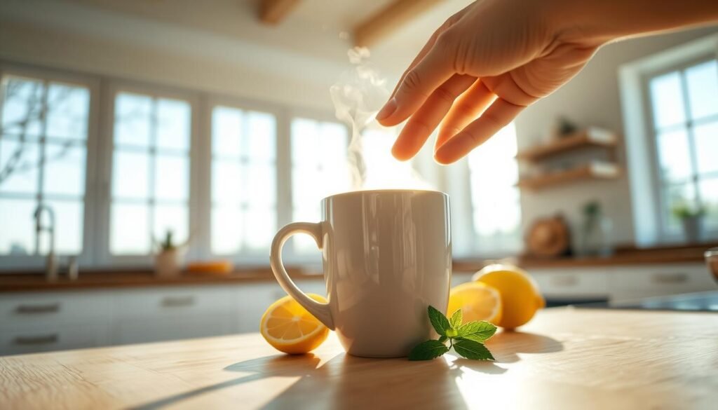 A bright and airy kitchen setting, sunlight streaming through large windows. On the countertop, a steaming mug of fresh lemon coffee, complemented by a halved lemon and a sprig of mint. In the foreground, a hand reaches for the mug, ready to enjoy this invigorating morning ritual. Subtle details like the grain of the wooden surface and the soft reflections on the ceramic mug create a sense of tactile realism. The overall mood is one of tranquility and wellness, setting the stage for a productive and energizing day. Captured with a wide-angle lens, 35mm, natural lighting. Prompt for howdoloseweightfast.com