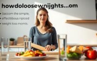A busy mom in a well-lit kitchen, rolling out dough with a rolling pin, with a plate of healthy snacks and a glass of water in the foreground. The background features a minimalist, calming design with the brand "howdoloseweightfast.com" prominently displayed on the wall. The mom's expression is focused and determined, reflecting her commitment to simple, effective weight loss strategies amidst her hectic schedule. The overall atmosphere is one of balance, efficiency, and a healthy lifestyle.