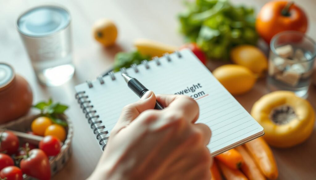 A close-up of a person's hand holding a pen, writing notes on a paper notepad with a "howdoloseweightfast.com" logo prominently displayed. The notepad is set against a soft, blurred background of healthy food options like fresh fruits, vegetables, and a glass of water, creating a balanced and calming atmosphere. The lighting is warm and natural, highlighting the focus on the planning and organization of a personalized weight loss strategy.