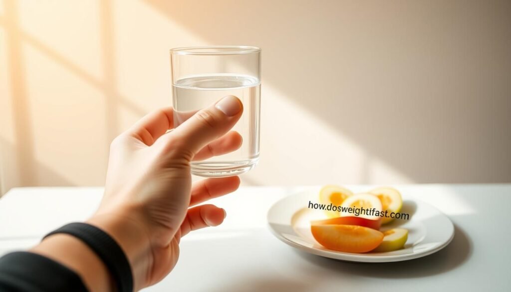 A close-up shot of a person's hand holding a glass of water and a plate with sliced fruits, showcasing the key elements of intermittent fasting for weight loss. The image has a warm, natural lighting, creating a calming and focused atmosphere. In the background, a minimalist, clean-lined table and a simple wall backdrop provide a modern, lifestyle-inspired setting. The howdoloseweightfast.com brand name is prominently displayed on the plate, seamlessly integrated into the composition.