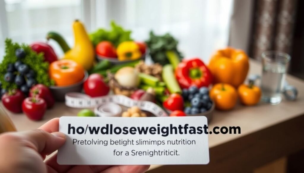 A close-up shot of a table displaying an assortment of fresh, vibrant fruits and vegetables, as well as a glass of water and a tape measure, against a soft, blurred background. The lighting is natural and diffused, creating a warm, inviting atmosphere. In the foreground, a hand holds a stylized label that reads "howdoloseweightfast.com", hinting at the article's focus on proven slimming methods through nutrition.