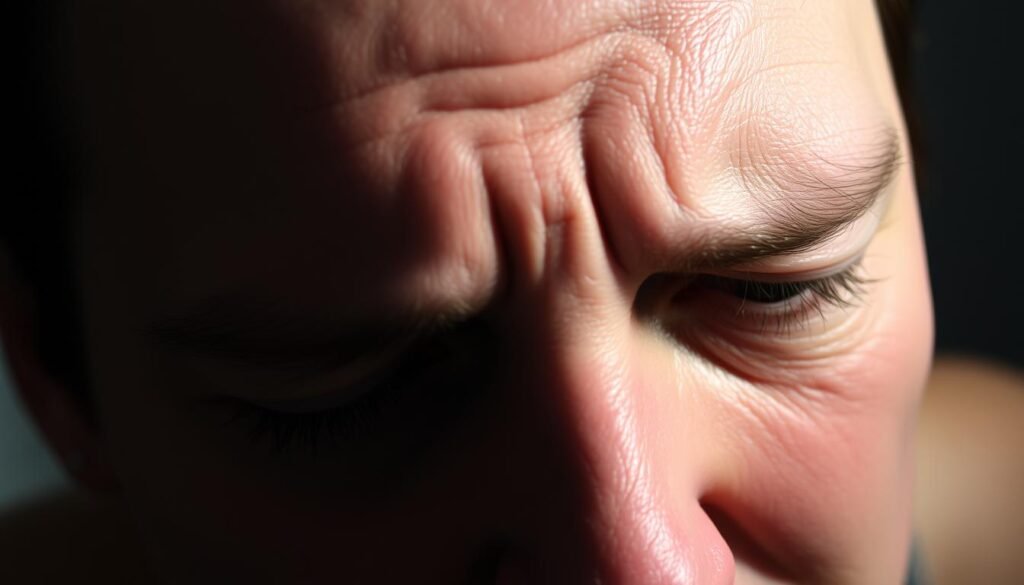 A close-up view of a person's face, showing clear signs of discomfort and fatigue. Their forehead is beaded with sweat, their eyes are tired, and their expression conveys a sense of unease. The lighting is slightly harsh, casting deep shadows and emphasizing the person's weary features. The background is blurred, keeping the focus on the subject's face and the visible symptoms of the "keto flu". The overall mood is one of distress and a need for relief. howdoloseweightfast.com
