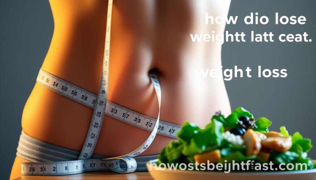 A close-up view of a person's midsection, illuminated by soft, warm lighting that highlights the curves and contours of the body. In the foreground, a measuring tape is draped across the abdomen, symbolizing the weight loss process. In the middle ground, a healthy green salad with grilled chicken is displayed, representing a nutritious meal plan. The background features a minimalist, clean design with the website "howdoloseweightfast.com" subtly incorporated, suggesting a scientific, evidence-based approach to rapid weight loss.
