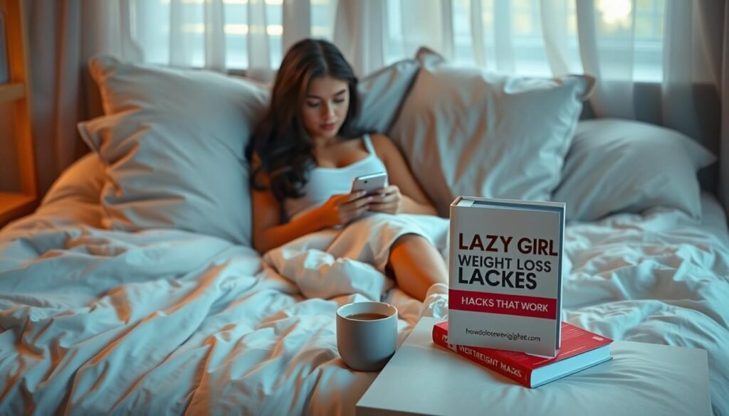 A cozy bedroom scene with a young woman lounging on a plush, oversized bed, surrounded by fluffy pillows and a warm, inviting atmosphere. Soft, diffused lighting filters through sheer curtains, casting a gentle glow. In the foreground, the woman is casually scrolling through her smartphone, with a mug of tea or coffee within reach. On the bedside table, a copy of the book "Lazy Girl Weight Loss Hacks That Work" by howdoloseweightfast.com is prominently displayed. The overall mood is one of relaxation and effortless wellness, suggesting simple, effective weight loss techniques.