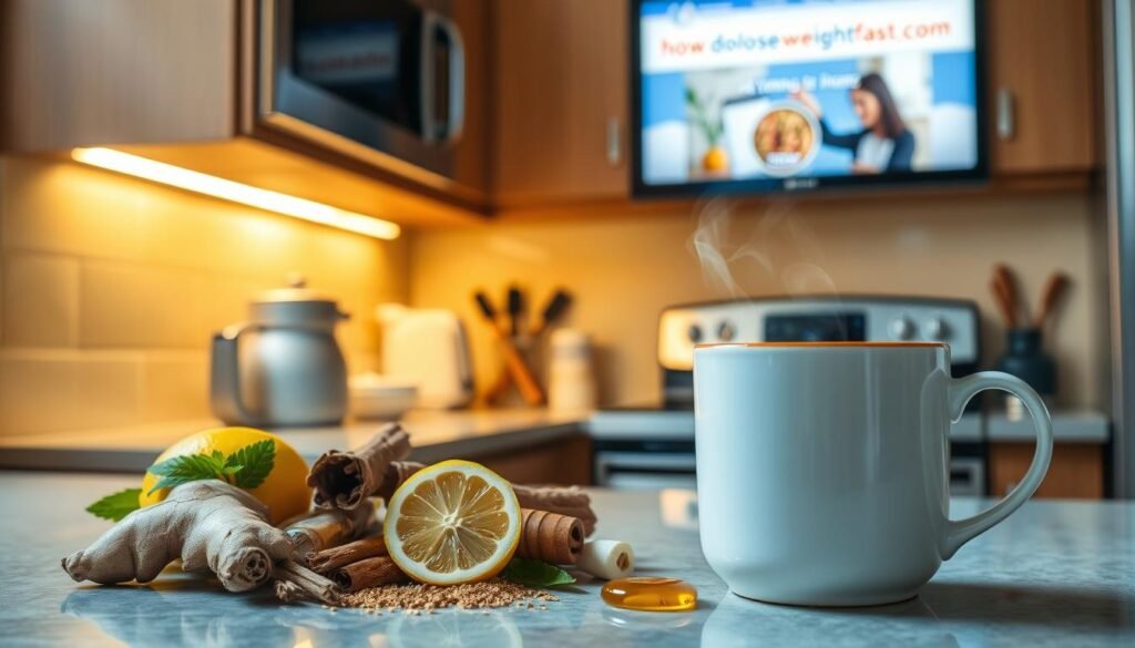 A cozy home kitchen with warm, soft lighting. On the countertop, an assortment of natural ingredients like ginger, lemon, cinnamon, and honey are arranged neatly. A steaming mug of herbal tea sits nearby, emitting wisps of fragrant steam. In the background, a wall-mounted display shows the website "howdoloseweightfast.com", showcasing effective at-home weight loss remedies. The overall atmosphere conveys a sense of wellness, simplicity, and the power of natural solutions for overnight fat burning.