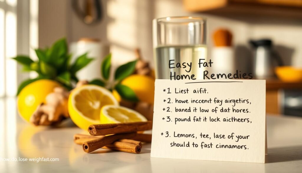 A cozy kitchen counter with a variety of natural ingredients arranged neatly - fresh ginger, lemon slices, cinnamon sticks, and a glass of water. Warm, natural lighting casts a soft glow, creating a soothing, inviting atmosphere. In the foreground, a handwritten recipe card titled "Easy Fat Burning Home Remedies" stands out, showcasing the key ingredients and simple preparation steps. The background features a clean, minimalist design, allowing the focus to remain on the natural, wholesome elements. The image radiates a sense of simplicity, wellness, and the belief that effective fat-burning solutions can be found right at home. howdoloseweightfast.com