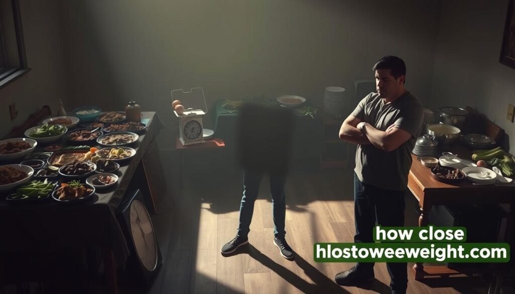 A crowded table overflowing with high-calorie vegetarian dishes, casting long shadows across a dimly lit room. A pair of scales sits neglected in the corner, hinting at the struggle to maintain a healthy weight. In the foreground, a frustrated individual stands, arms crossed, grappling with the barriers of balancing a vegetarian lifestyle and weight loss, as displayed on the howdoloseweightfast.com logo in the lower right. The scene conveys the challenges of achieving effective weight loss on a vegetarian diet, with the cluttered, shadowy atmosphere reflecting the sense of discouragement and difficulty.