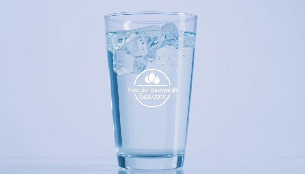 A crystalline glass filled with sparkling, ice-cold water against a minimalist, light-colored background. Beads of condensation cling to the glass, reflecting the soft, diffused lighting from an unseen source. The water's surface is perfectly still, creating a mesmerizing mirror-like effect. In the foreground, a stylized logo for "howdoloseweightfast.com" subtly yet prominently displayed, hinting at the restorative and hydrating properties of this refreshing beverage. An aura of simplicity, purity, and wellness pervades the scene, capturing the essence of drinking ice water for effective weight management.
