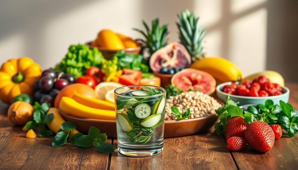 A delectable array of fresh fruits, vegetables, and whole grains arranged artfully on a wooden table, illuminated by soft, natural lighting. The vibrant colors and textures create a visually appealing and appetizing "detox meal plan" that exudes a sense of nourishment and wellness. In the foreground, a glass of infused water adds a refreshing touch, while in the background, a minimalist, earthy-toned backdrop sets the stage for this healthy culinary display. The overall composition evokes a calm, restorative atmosphere, perfectly capturing the essence of a 3-day detox to shrink belly fat. howdoloseweightfast.com