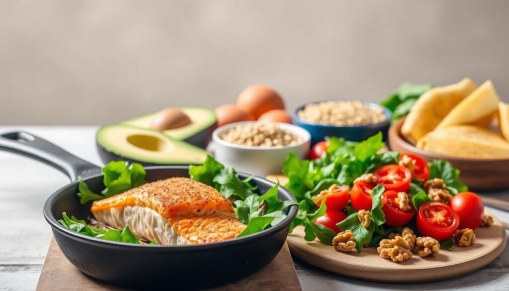 A delectable array of thyroid-friendly foods, artfully arranged against a soft, diffused background. In the foreground, a succulent piece of salmon sizzles in a cast-iron skillet, complemented by a vibrant salad of leafy greens, vibrant red tomatoes, and crunchy walnuts. In the middle ground, a collection of wholesome ingredients like avocado, eggs, and quinoa are carefully displayed, showcasing the diverse options for a thyroid-friendly diet. The lighting is warm and natural, casting a gentle glow over the scene. The overall mood is one of health, vitality, and culinary delight, inviting the viewer to explore the "howdoloseweightfast.com" approach to thyroid-friendly weight loss.