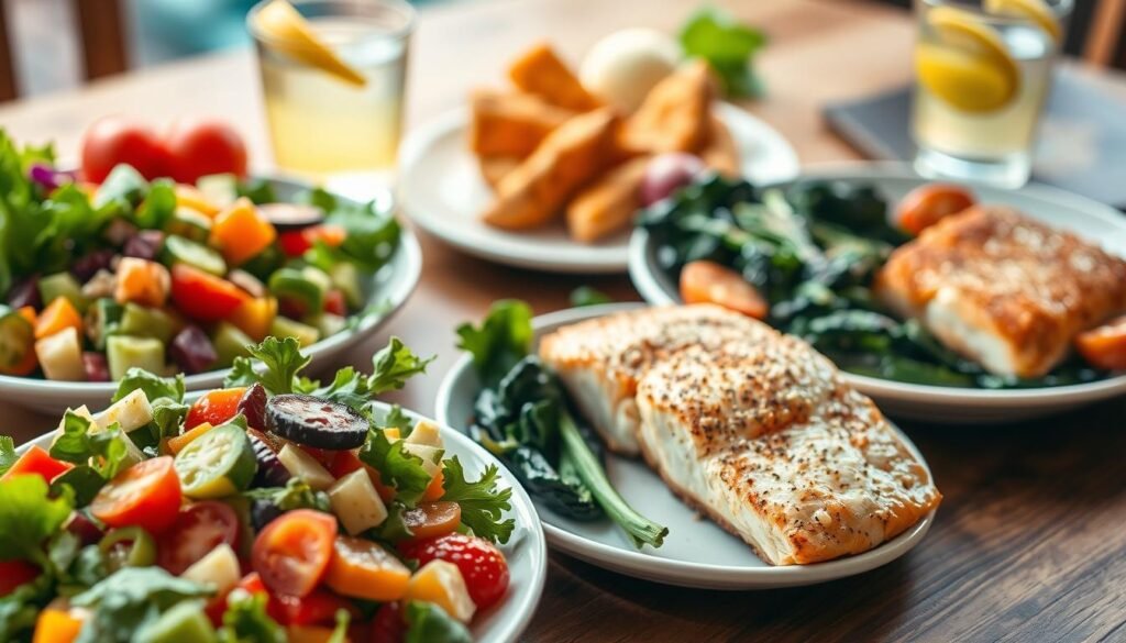 A delightful spread of thyroid-friendly meals, thoughtfully arranged on a wooden table. In the foreground, a vibrant salad bursting with colorful veggies, garnished with a drizzle of olive oil. Alongside, a hearty plate of baked salmon, seasoned to perfection, nestled between roasted sweet potatoes and sautéed spinach. In the background, a glass of freshly squeezed lemon water, reflecting the warm, natural lighting that illuminates the scene. The overall atmosphere exudes a sense of nourishment and balance, perfectly capturing the essence of "howdoloseweightfast.com" and its thyroid-friendly weight loss strategies.