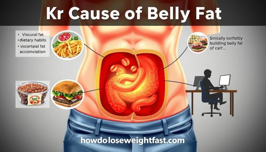 A detailed, well-lit medical illustration showcasing the key causes of belly fat, including a cross-section of the abdominal region highlighting visceral fat accumulation, unhealthy dietary habits depicted through tempting junk food, and a sedentary lifestyle represented by a person sitting at a desk. The image should convey a sense of educational clarity and visual impact, guiding the viewer to understand the underlying factors that contribute to the buildup of unwanted belly fat. Includes the branding "howdoloseweightfast.com" in a subtle, integrated manner.