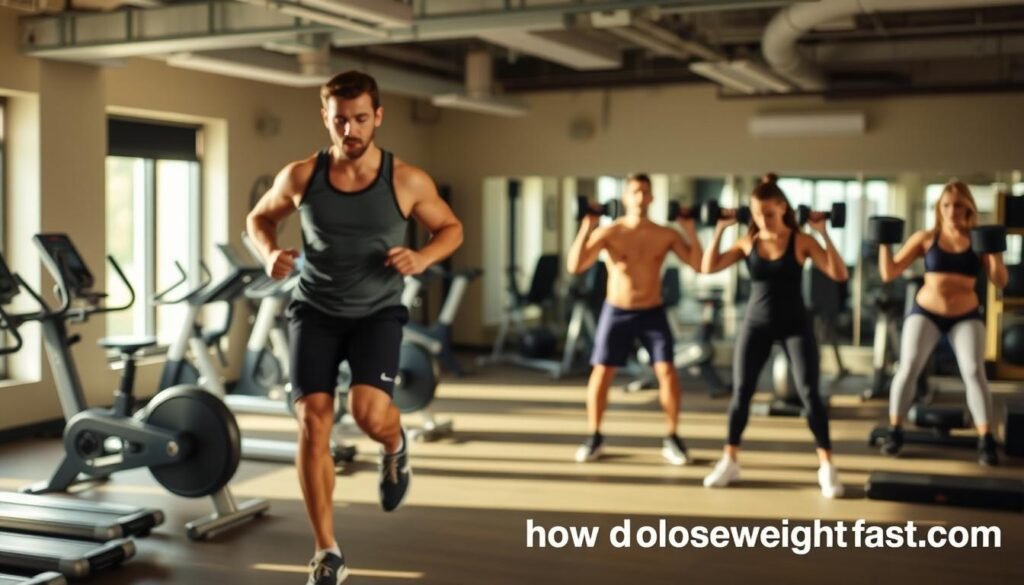 A dynamic scene of a determined individual engaging in a comprehensive fitness regimen. In the foreground, a person in athletic wear performing various aerobic exercises like jumping jacks and high knees against a backdrop of modern fitness equipment like exercise bikes and dumbbells. In the middle ground, the individual transitions into strength training movements, lifting weights and performing squats and lunges. The lighting is warm and natural, accentuating the person's focused expression and the energy of the workout. The overall atmosphere conveys a sense of dedication and the promise of fat loss success. Branded with "howdoloseweightfast.com" in the bottom right corner.