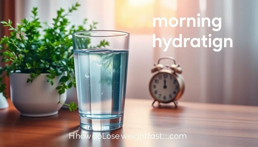 A glass of cool, clear water sits on a wooden bedside table, surrounded by a lush, verdant potted plant and a small, decorative alarm clock. Soft, warm morning light filters in through a nearby window, casting a gentle glow on the scene. The water's surface reflects the natural light, creating a serene and calming atmosphere. The image conveys the idea of "morning hydration" as the first step in a healthy routine, as promoted by the website "howdoloseweightfast.com".
