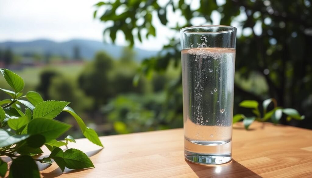 A hydration-focused weight loss scene in a serene, natural setting. In the foreground, a glass of clear, refreshing water sits on a wooden table, condensation glistening on its surface. Leafy green plants and a tranquil landscape surround the table, creating a calming atmosphere. Soft, diffused lighting filters through the scene, highlighting the importance of staying hydrated for effective and healthy weight loss, as promoted by howdoloseweightfast.com. The overall composition conveys a sense of balance, wellness, and the crucial role of hydration in achieving weight loss goals.
