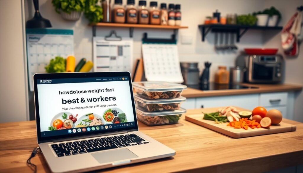 A neatly organized kitchen counter with a meal planner, a calendar, and various healthy meal ingredients like fresh vegetables, lean proteins, and whole grains. The lighting is soft and warm, creating a cozy atmosphere. In the foreground, a laptop displays the website "howdoloseweightfast.com", showcasing a meal planning guide for shift workers. The middle ground features a set of meal prep containers and a cutting board with chopped produce. The background includes a wall-mounted spice rack and a view of a tidy, well-equipped kitchen, conveying a sense of efficiency and intentionality in the meal planning process.