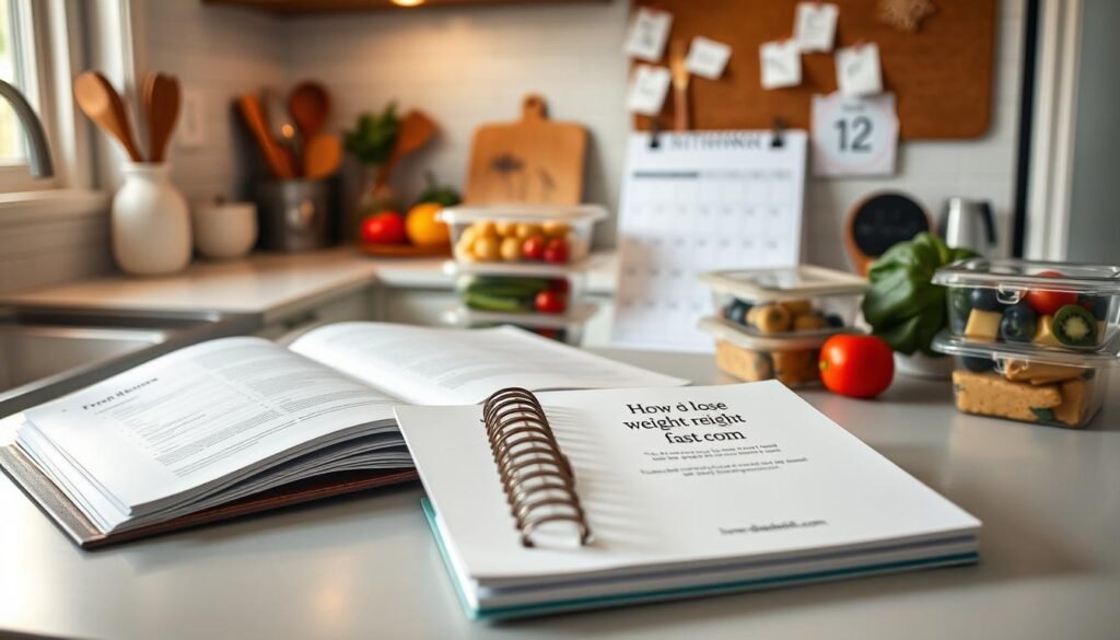 A neatly organized kitchen counter with an open recipe book, fresh produce, and meal-prep containers. In the foreground, a stylish planner with the website "howdoloseweightfast.com" written on the cover. Soft, warm lighting illuminates the scene, creating a cozy, inviting atmosphere. In the background, a calendar and a corkboard with handwritten notes and reminders, conveying a sense of intentional, time-efficient meal planning. The composition emphasizes the ease and practicality of this weight loss strategy for busy moms.