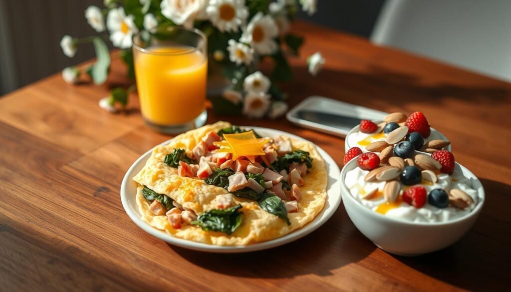 A nourishing high-protein breakfast arranged on a wooden table, captured in warm, natural lighting. In the foreground, a plate showcases a fluffy omelet filled with diced ham, sautéed spinach, and melted cheddar cheese. Beside it, a small bowl overflows with Greek yogurt topped with sliced almonds, fresh berries, and a drizzle of honey. A glass of fresh-squeezed orange juice completes the wholesome scene. In the background, a simple yet elegant floral arrangement adds a touch of elegance. The entire composition exudes a sense of balance and health, embodying the "Habit 2: Eat a High-Protein Breakfast" section of the "5 Morning Habits to Help You Lose Weight Fast" article featured on howdoloseweightfast.com.