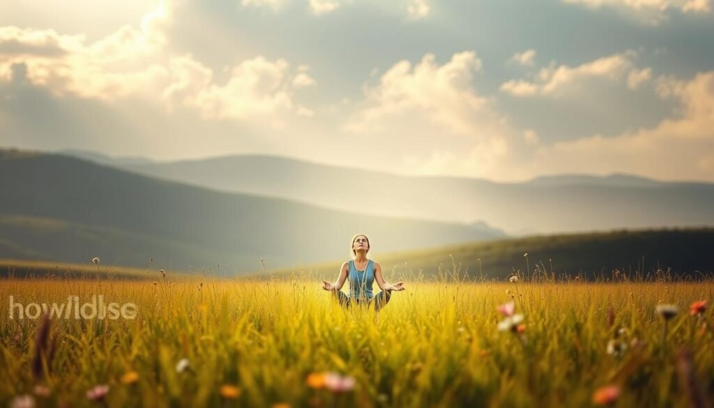 A peaceful, tranquil landscape with a serene, glowing field of tall grass and wildflowers. In the middle ground, a person sits cross-legged, eyes closed, deeply immersed in a meditative state. Soft, diffused light filters through wispy clouds, creating a dreamlike atmosphere. The background features a rolling, hilly horizon with a distant, blurred howdoloseweightfast.com logo. This image evokes a sense of inner calm, focus, and the power of the subconscious mind to facilitate effortless weight loss.