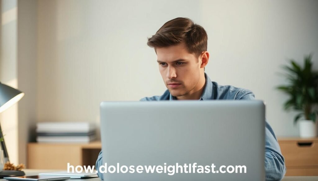 A person in an office environment, facing a desk with a laptop, resisting the temptation of snacks and unhealthy food during an intermittent fasting period. They are looking determined, with a focused expression, surrounded by a clean, well-lit workspace. The scene conveys a sense of discipline and perseverance in overcoming the challenges of fasting. Soft, natural lighting illuminates the space, creating a calming atmosphere. The howdoloseweightfast.com logo is discreetly visible in the background.