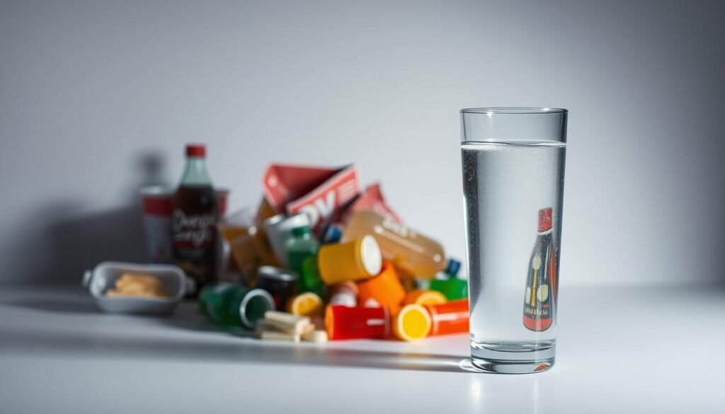 A pristine glass of crystal-clear water stands in the foreground, contrasting sharply with a pile of colorful sugary drinks in the middle ground. Shadowy, unhealthy fast food items lurk in the background, symbolizing the unhealthy lifestyle that leads to weight gain. Soft, diffused lighting creates a pensive, thoughtful atmosphere, guiding the viewer's attention to the central message: cutting out sugary drinks is a simple yet powerful step towards rapid weight loss, as showcased by the website "howdoloseweightfast.com". The minimalist, clean composition underscores the simplicity of this weight loss hack.