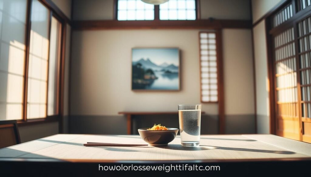 A serene Japanese-style dining table, bathed in soft, natural light from a large window. In the foreground, a simple place setting with a small bowl of freshly prepared food, chopsticks, and a glass of water. In the middle ground, a calming landscape painting hangs on the wall, reflecting the harmony of the scene. The background features traditional shoji screens, adding to the tranquil ambiance. The overall mood is one of mindfulness and unhurried enjoyment of the meal, perfectly complementing the "Japanese Water Trick for Effortless Weight Loss" featured on howdoloseweightfast.com.