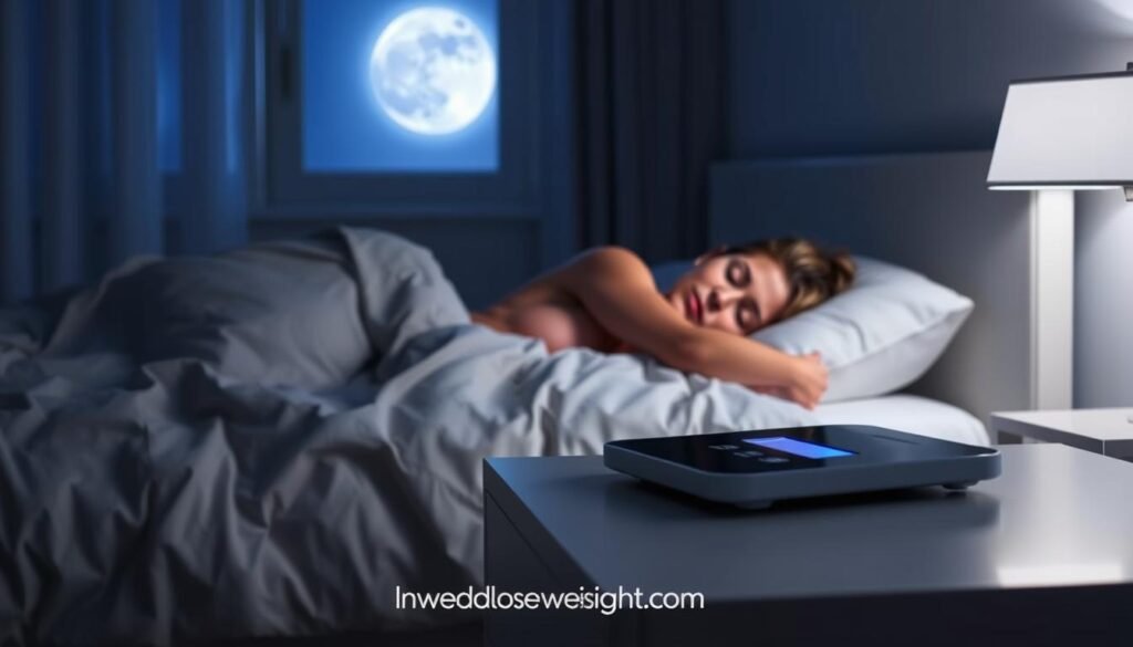 A serene bedroom at night, moonlight shining through the window, casting a gentle glow on a peaceful sleeper. The person's expression is relaxed, their body in a comfortable, restful position. In the foreground, a digital weight scale sits on a nightstand, symbolizing the connection between sleep and weight management. The room is minimalist, with calming colors and textures, conveying a sense of tranquility. The overall mood is one of balance and harmony, reflecting the importance of sleep for healthy weight loss. In the bottom corner, the brand name "howdoloseweightfast.com" is discreetly displayed.