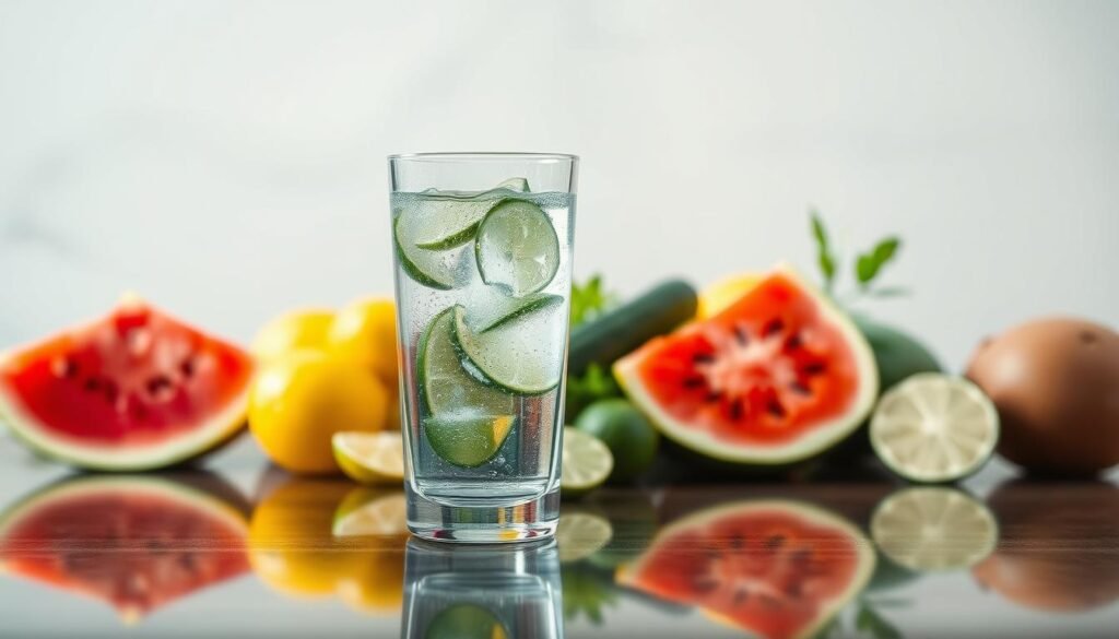 A serene, hydrating scene showcasing the power of water for weight loss. In the foreground, a glass of crystal-clear water reflects the light, inviting the viewer to take a refreshing sip. In the middle ground, a variety of fresh fruits and vegetables - such as lemons, limes, cucumbers, and watermelon - are arranged artfully, symbolizing the nutrient-rich, low-calorie hydration that supports weight management. The background depicts a minimalist, natural setting with soft, diffused lighting, creating a calming, spa-like atmosphere. The overall composition evokes a sense of balance, wellness, and the holistic benefits of proper hydration for rapid weight loss, as promoted by howdoloseweightfast.com. Prompt