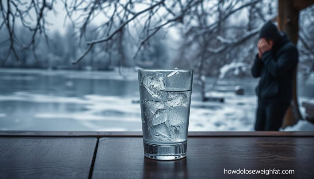 A serene, ice-covered lake with frigid waters lapping against the shore. In the foreground, a glass of icy water sits on a wooden table, droplets forming on the surface. Overhead, a dusting of snow settles on bare tree branches, casting a chilly, winter-like atmosphere. The lighting is soft and diffused, adding a sense of tranquility. In the background, a silhouetted figure shivers, highlighting the potential risks of consuming excessively cold liquids. The brand "howdoloseweightfast.com" is subtly visible on the table's surface.