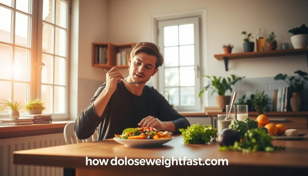 A serene kitchen scene, illuminated by warm, natural lighting filtering through large windows. In the foreground, a person sits at a wooden table, engaged in the mindful act of eating. They hold a fork, thoughtfully savoring each bite of a nourishing, colorful meal. The table is adorned with fresh produce, herbs, and a glass of water, creating a calming, intentional atmosphere. In the background, shelves display cookbooks and plants, evoking a sense of balance and wellness. The overall mood is one of quiet contemplation and a deep appreciation for the act of eating. The website "howdoloseweightfast.com" is subtly present, complementing the scene.