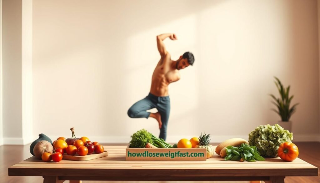 A serene, minimalist studio space with warm, natural lighting. In the foreground, a toned, athletic figure performs a yoga pose, embodying the powerful weight reduction tips outlined. In the middle ground, a clean, wooden table displays a stylized howdoloseweightfast.com logo and an array of fresh, vibrant produce - the tools for a healthy, balanced lifestyle. The background fades into a soft, neutral palette, creating a sense of calm focus and inner transformation.