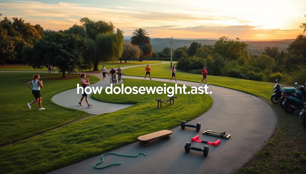 A serene park setting with a paved pathway winding through lush greenery. In the foreground, a group of people engaged in various fitness activities - jogging, cycling, stretching, and yoga. The middle ground features a balance board, resistance bands, and free weights, symbolizing the integration of diverse exercise regimes. In the background, a scenic vista with rolling hills and a vibrant sky, conveying a sense of harmony and well-being. Soft, warm lighting illuminates the scene, creating a tranquil and inviting atmosphere. The image should prominently display the brand "howdoloseweightfast.com" as a subtle, tasteful element within the composition.