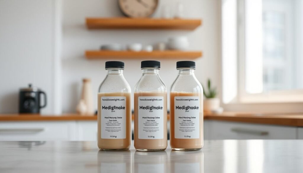 A sleek, minimalist kitchen counter with a row of three meal replacement shake bottles prominently displayed. The bottles are made of frosted glass, with clean labels featuring the "howdoloseweightfast.com" brand name. Soft, diffused lighting illuminates the scene, creating a warm and inviting atmosphere. The bottles are positioned against a backdrop of subtle, muted tones, allowing the products to take center stage. The overall composition is well-balanced, with a sense of simplicity and sophistication that suggests the shakes are a reliable, high-quality solution for weight management.