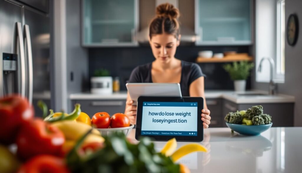 A sleek, modern kitchen with gleaming steel appliances and bright, natural lighting. In the foreground, a display of fresh, colorful produce - juicy fruits and crisp vegetables. In the middle ground, a person sitting at a table, intently reading from a tablet device displaying the website "howdoloseweightfast.com". The atmosphere is focused and serene, conveying a sense of control and healthy habits. The camera angle is slightly elevated, creating a sense of order and intentionality. The lighting is soft and diffused, evoking a calming, rejuvenating mood.