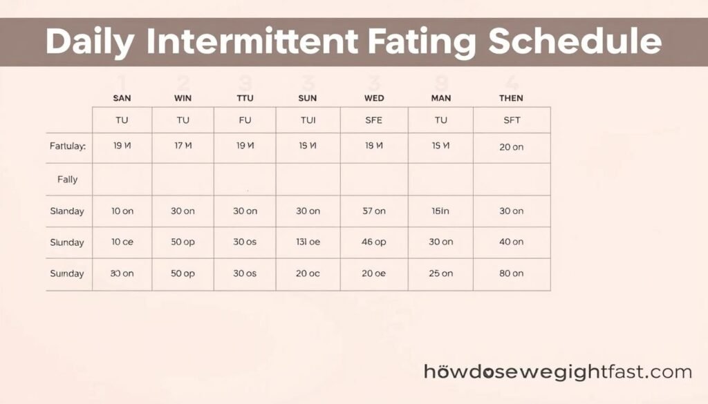 A sleek, modern-looking daily intermittent fasting schedule showcasing the key hours for a fast and effective weight loss routine. The schedule is neatly laid out in a minimalist, infographic-style design against a soft, pastel background. The howdoloseweightfast.com brand logo is prominently displayed in the lower right corner. The layout features clean typography, bold icons, and a balanced use of colors to create a visually appealing and informative design. The overall mood is one of simplicity, organization, and efficiency - reflecting the promise of fast results from the intermittent fasting schedule.