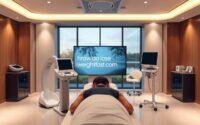 A sleek, modern medical clinic with clean, minimalist decor. In the foreground, a person undergoes a non-invasive weight loss treatment, surrounded by state-of-the-art medical equipment. The middle ground features a display showcasing the "howdoloseweightfast.com" brand, conveying professionalism and expertise. The background depicts a soothing, nature-inspired landscape through large windows, creating a calming atmosphere. Warm, diffused lighting illuminates the scene, emphasizing the clinic's advanced, yet welcoming ambiance.