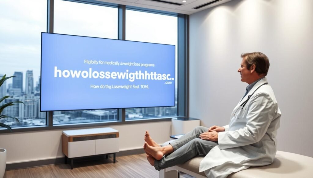 A sleek, modern medical office interior with a large window overlooking a city skyline. In the foreground, a doctor in a white coat consults with a patient on a comfortable exam table, discussing weight loss treatment options. The patient's facial expression conveys hope and anticipation. Soft, directional lighting illuminates the scene, creating a professional yet welcoming atmosphere. In the background, a large display screen showcases the "howdoloseweightfast.com" branding, providing information about eligibility for medically supervised weight loss programs.