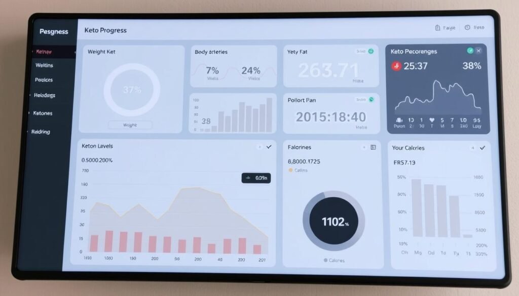 A sleek, modern-style dashboard display showing various key metrics related to keto diet progress, such as weight, body fat percentage, ketone levels, and calories consumed. The display has a clean, minimalist design with a neutral color palette of greys, blacks, and whites. The data is presented in clear, easy-to-read graphs and charts, with a prominent "howdoloseweightfast.com" logo in the bottom corner. The overall atmosphere is one of precision, control, and a sense of empowerment over one's health and fitness goals.
