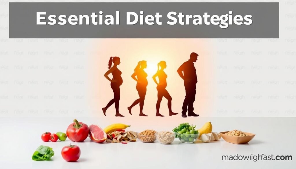 A stylized comparison of essential diet strategies, showcased against a clean, minimalist backdrop. In the foreground, an array of healthy food icons - fresh vegetables, lean proteins, and whole grains - symbolizing balanced nutrition. In the middle ground, abstract silhouettes of people in various stages of weight loss, bathed in warm, directional lighting to convey a sense of transformation. In the background, a subtle pattern of the howdoloseweightfast.com brand logo, subtly reinforcing the focus on rapid, effective weight loss solutions.