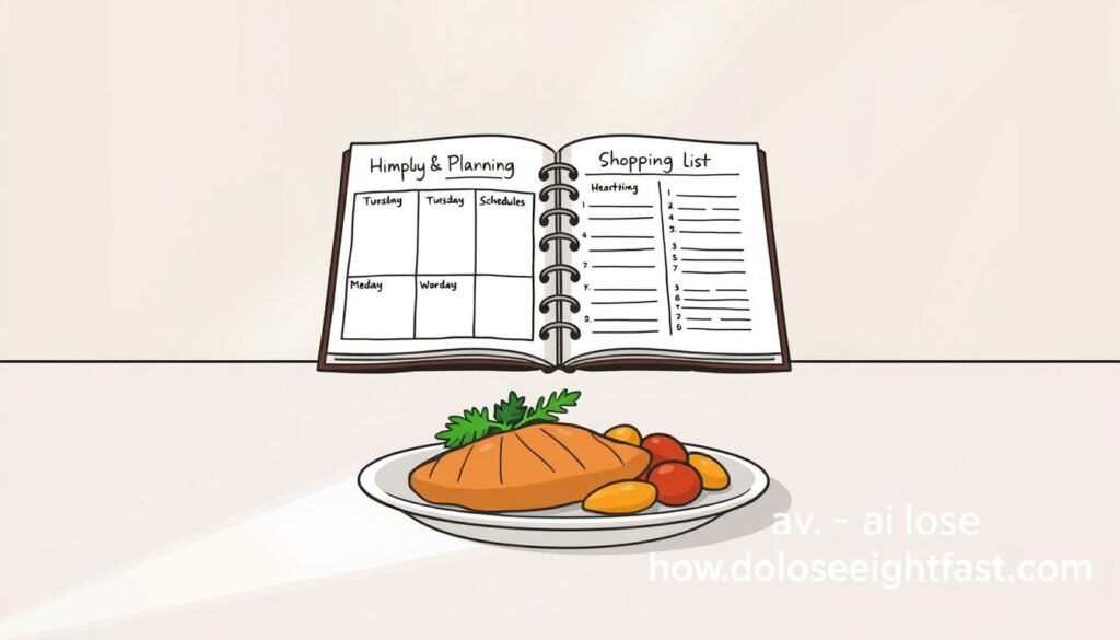 A stylized digital illustration depicting a simple and effective meal plan strategy. In the foreground, a clean minimalist table setting showcases a balanced plate with grilled chicken, roasted vegetables, and a small side salad, illuminated by soft, natural lighting. In the middle ground, a hand-drawn notebook opens to reveal neatly organized weekly meal planning schedules and shopping lists. The background features a soft, blurred gradient in muted tones, creating a calming, focused atmosphere. The overall mood is one of organization, simplicity, and wellness. Prominent in the bottom right corner is the branding "howdoloseweightfast.com".