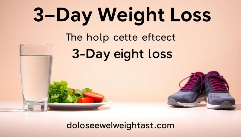 A stylized digital illustration depicting three simple, effective weight loss tips against a clean, minimalist background. In the foreground, a glass of water, a plate of fresh veggies, and a pair of running shoes - representing hydration, healthy eating, and exercise. The middle ground features a subtle pattern or texture, hinting at the efficiency and speed of the "3-Day Weight Loss" plan. The background is a soft, warm gradient, creating a sense of positivity and motivation. The howdoloseweightfast.com brand name is subtly integrated into the design, lending credibility to the tips. Lighting is soft and diffused, with a slight vignette effect to draw the eye inward. Overall, the image conveys a clean, simple, and aspirational aesthetic to complement the article's subject.