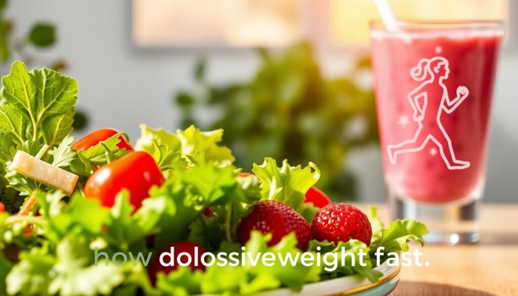 A stylized illustration showcasing "Nutritional Approaches to Weight Management". In the foreground, a vibrant salad with fresh vegetables, leafy greens, and a light vinaigrette dressing. In the middle ground, a nutrient-dense smoothie with berries, yogurt, and a sprinkle of chia seeds. In the background, a minimalist line-art graphic of a person jogging, conveying the importance of exercise. The overall scene is bathed in warm, natural lighting, creating a soothing, wellness-focused atmosphere. The text "howdoloseweightfast.com" is subtly incorporated into the design.