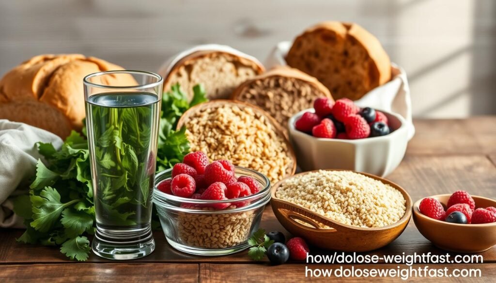 A stylized still life showcasing a variety of whole grain breads, brown rice, quinoa, and leafy greens on a rustic wooden table. Soft, natural lighting from the side illuminates the textures and colors of the healthy carbohydrate options. In the foreground, a glass of water and a bowl of fresh berries add a sense of balance and freshness. The composition is visually appealing, with the food items arranged in an aesthetically pleasing manner. The overall mood is one of wellness and mindful nutrition. In the bottom right corner, the website "howdoloseweightfast.com" is discreetly displayed.