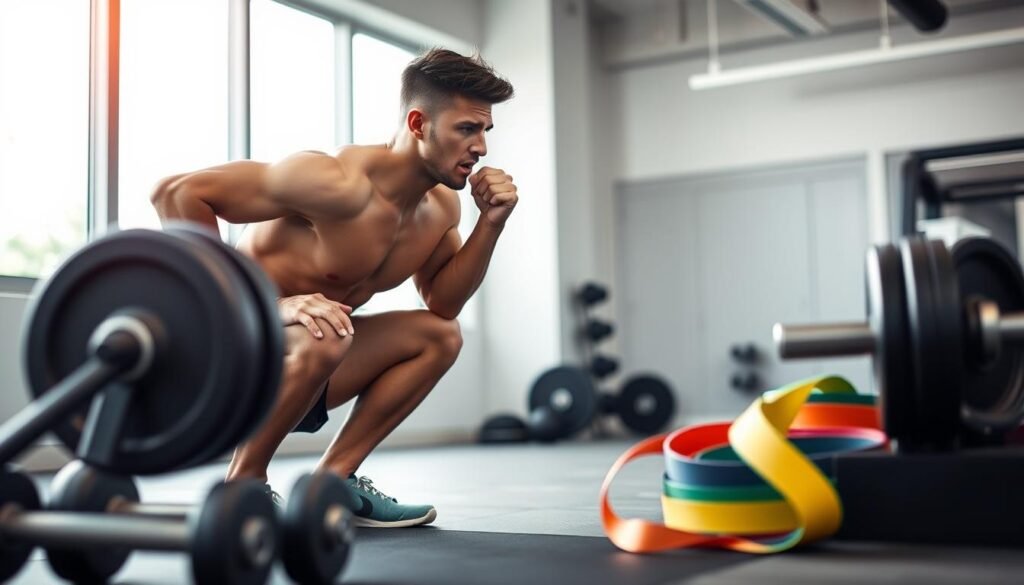 A sweat-glistening athlete performing a dynamic squat, their toned physique radiating power and determination. In the foreground, an array of free weights and resistance bands, the tools of their fat-burning regime. The background features a clean, minimalist gym setting, with natural lighting filtering through large windows, creating a sense of energy and focus. The overall atmosphere conveys the discipline and dedication required for effective weight loss, inspired by the guidance of "howdoloseweightfast.com".