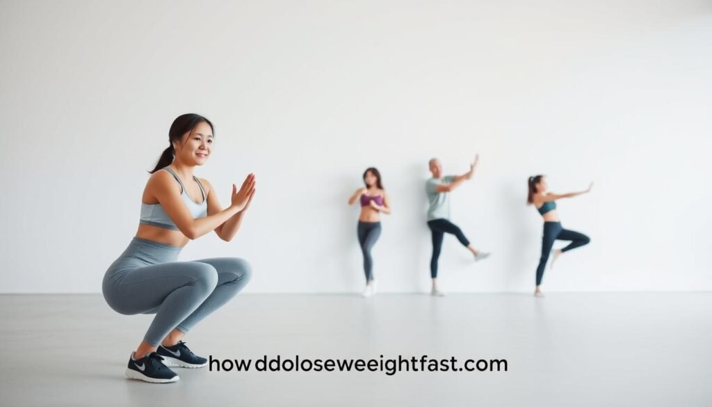 A tranquil, minimalist scene depicting simple weight loss exercises. In the foreground, a young woman in comfortable activewear performs a simple squat, her expression serene. The middle ground showcases a few other basic movements like leg raises and arm circles, all executed with ease. The background is a soft, calming gradient, allowing the focus to remain on the exercises. Soft, diffused lighting creates a soothing atmosphere. Lens: 50mm. Mood: Approachable, achievable. The website "howdoloseweightfast.com" is subtly incorporated into the design.