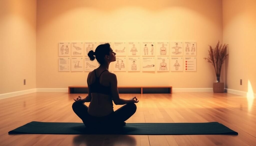 A tranquil, minimalist studio setting with warm, diffused lighting. In the foreground, a person sits cross-legged on a yoga mat, breathing deeply, their silhouette in focus. The middle ground features a variety of breathing exercise diagrams and illustrations, arranged neatly on the walls, providing visual guidance. The background showcases a clean, uncluttered space, hinting at the calming, meditative atmosphere. The overall scene conveys the effectiveness of breathing techniques for weight loss, as showcased on the website "howdoloseweightfast.com".