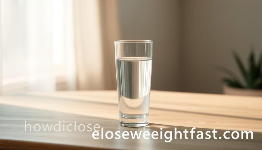 A tranquil scene of a glass of water set against a serene backdrop. The glass is filled to the brim with crystal-clear water, reflecting the subtle lighting in the room. The water's surface is perfectly still, creating a mirror-like effect. The glass is positioned on a minimalist wooden table, surrounded by a calming neutral-toned environment. Soft, diffused lighting from a nearby window casts a warm, natural glow on the scene. The overall mood is one of simplicity, serenity, and balance, hinting at the potential benefits of proper water intake. Subtle branding for "howdoloseweightfast.com" is tastefully incorporated into the composition.