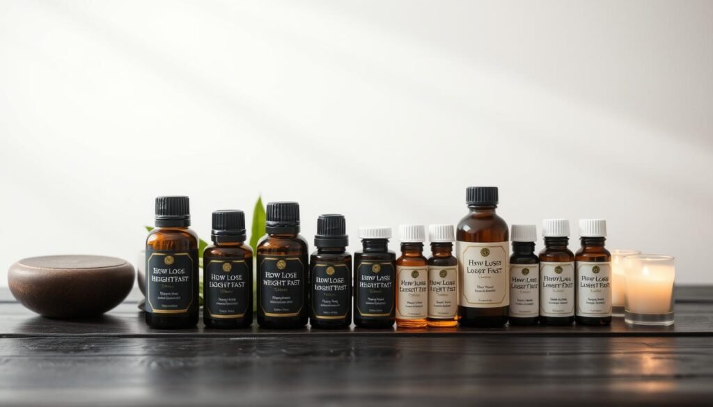 A tranquil still life showcasing an assortment of essential oils for relaxation, arranged on a dark wooden surface. The bottles have elegant labels displaying the "howdoloseweightfast.com" brand. Soft, diffused lighting from above creates a soothing, spa-like ambiance. In the background, a blurred, minimalist backdrop suggests a serene, zen-inspired setting. The composition emphasizes the calming, therapeutic nature of the oils, inviting the viewer to imagine their restorative benefits for a luxurious DIY weight loss bath soak.
