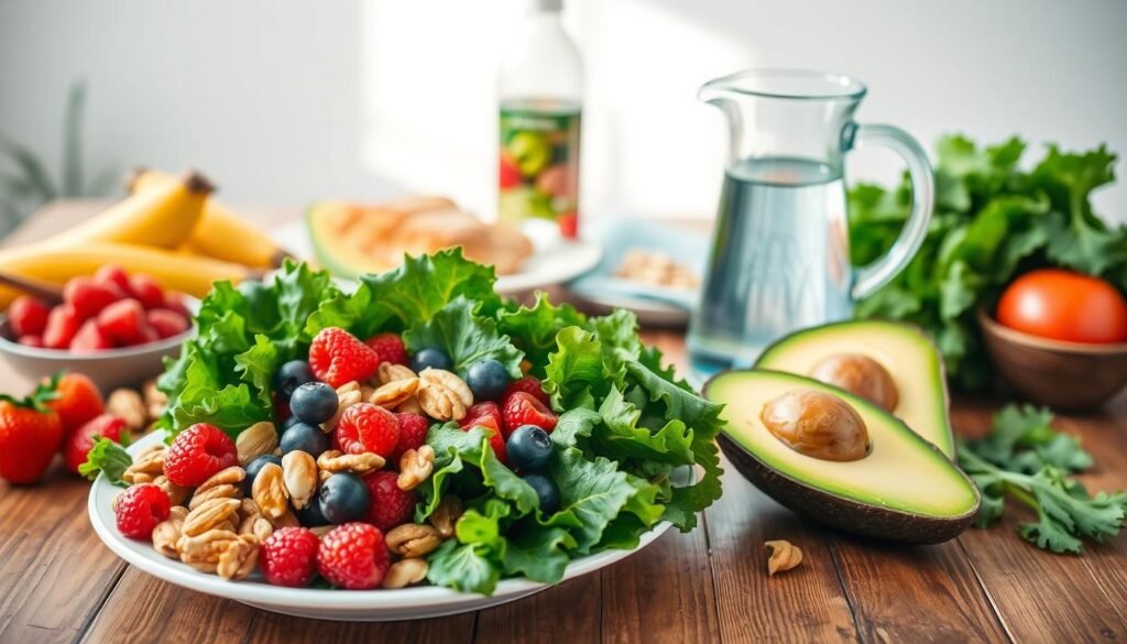 A vibrant, appetizing still life showcasing a selection of healthy, wholesome foods arranged on a wooden table. In the foreground, a platter holds an array of fresh fruits and vegetables - crisp kale, ripe avocado, juicy berries, and crunchy nuts. In the middle ground, a glass pitcher filled with infused water sits alongside a plate of lean protein, such as grilled chicken or baked salmon. The background features a clean, minimalist setting with natural lighting filtering in, creating a calming, wellness-focused atmosphere. The overall scene conveys the message of "Strategic Nutrition Choices for Fat Loss" from the website howdoloseweightfast.com.